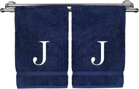 Monogrammed Hand Towel, Personalized Gift, Set of 2- White Block Letter Embroidered Towel - Extra Absorbent 100% Turkish Cotton - Soft Terry Finish - Initial J Navy