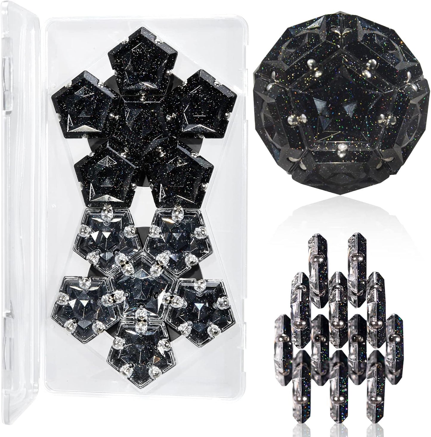 LAFFTRAK Magnetic Fidget Sphere - Holographic Glitter Crystal Black - Magnets Sensory Toys - 12 Piece Set - Creativity Beyond Imagination, Inspirational, Recreational, Fun Desk Toy for Adults