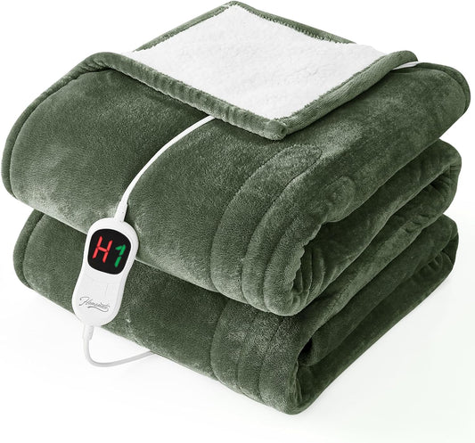 Homemate Electric Heated Blanket Twin - 62"x84" Heating Bed Blankets Throw with 10 Heating Levels 8 Hours Auto Off Fast Heating Over-Heated Protection Ultra Soft Warm Flannel ETL Certified Green