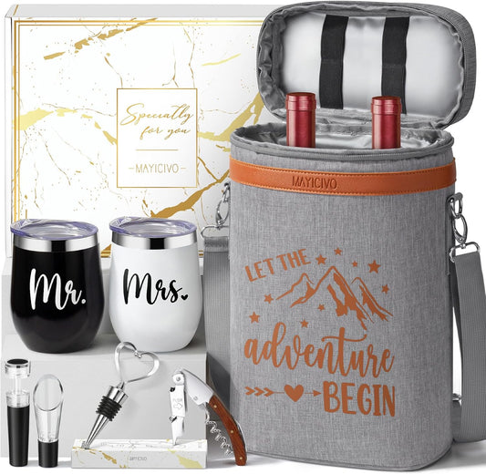 Wedding Gifts for Couples, Mr and Mrs Wine Tumblers Gifts - Engagement, Bridal Shower, Newlywed, His & Hers, Valentines Day, House Warming-Insulated Wine Cooler Tote Bag w/ Wines Accessories Gift Set