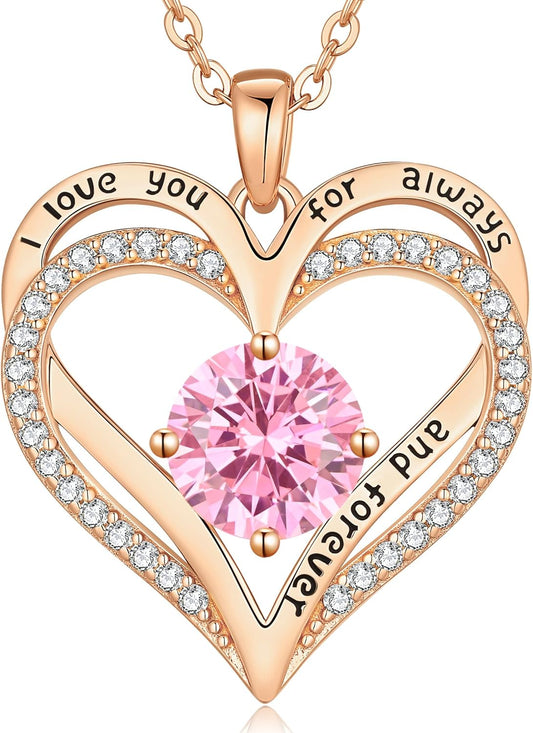 LOUISA SECRET Love Heart Birthstone Necklaces for Women, Birthday Gift for Women, Anniversary Jewelry for Wife Her, 925 Sterling Silver Pendant Necklace, Mother's Day Gift