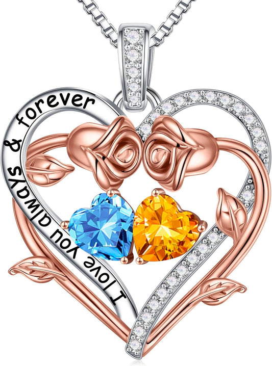 Iefil Rose Heart Double Birthstone Necklace Gifts for Wife Her Mom Women, Birthstone Jewelry Gemstone Birthday Gifts for Girlfriend Grandma Her Wife Women