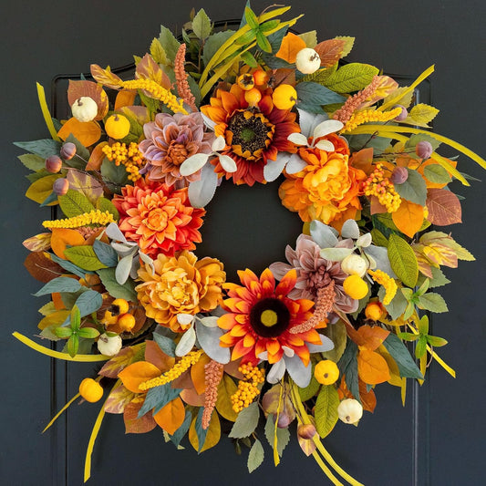 Fall Wreaths for Front Door 24 Inch Fall Wreath with Sunflowers, Dahlias & Pumpkins Autumn Harvest Wreath for Thanksgiving Outdoor or Indoor Autumn Wreaths for Front Door