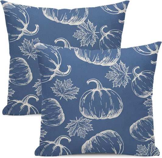Fall Decor Pillow Covers 18x18 Set of 2 Autumn Navy Blue Pumpkin Maple Leaves Throw Pillow Covers Outdoor Fall Thanksgiving Decoration Pillowcase for Decorative Cushion Cover for Home Sofa