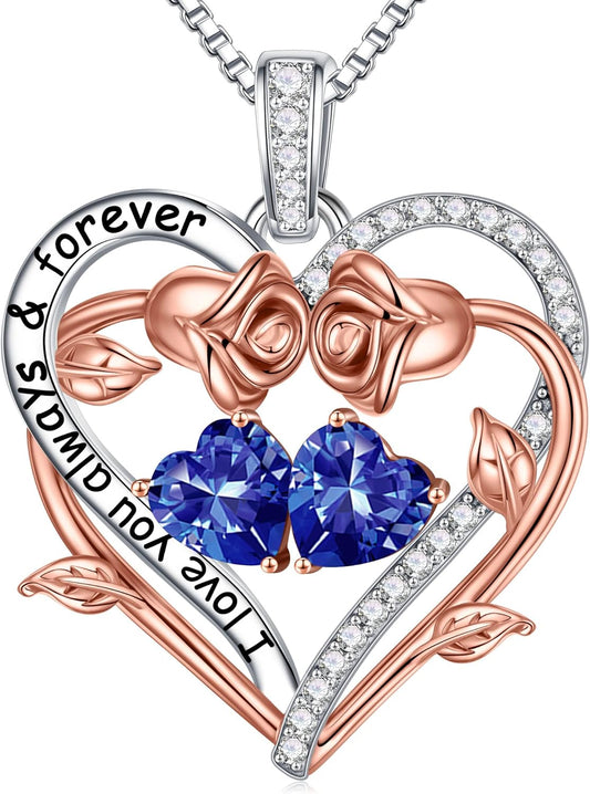 Iefil Rose Heart Double Birthstone Necklace Gifts for Wife Her Mom Women, Birthstone Jewelry Gemstone Birthday Gifts for Girlfriend Grandma Her Wife Women