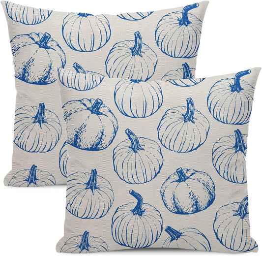 Fall Throw Pillow Covers 18 x 18 Set of 2 Navy Blue Pumpkin Pillow Covers Outdoor Decor Autumn Harvest Thanksgiving Decoration Pillowcase Farmhouse Decorative Linen Cushion Case for Home Sofa