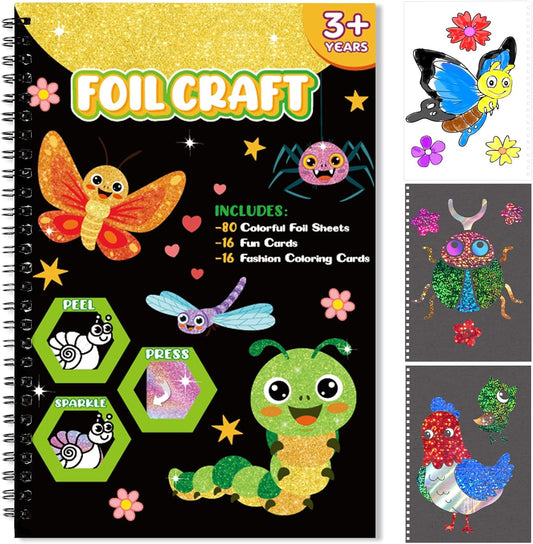 Foil Craft Bugs Butterfly DIY Art Fun Kits Set, No Mess Creative Foil Art Drawing Game for Kids, Birthday Gifts Crafts Supplies Travel Toys for Girls Boys Ages 4-9
