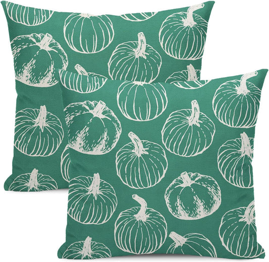 Fall Pillow Covers 18 x 18 Set of 2 Teal Pumpkin Throw Pillow Covers Autumn Harvest Thanksgiving Decorative Pillowcase Farmhouse Home Decoration Linen Cushion Case For Couch Sofa Outdoor Decor