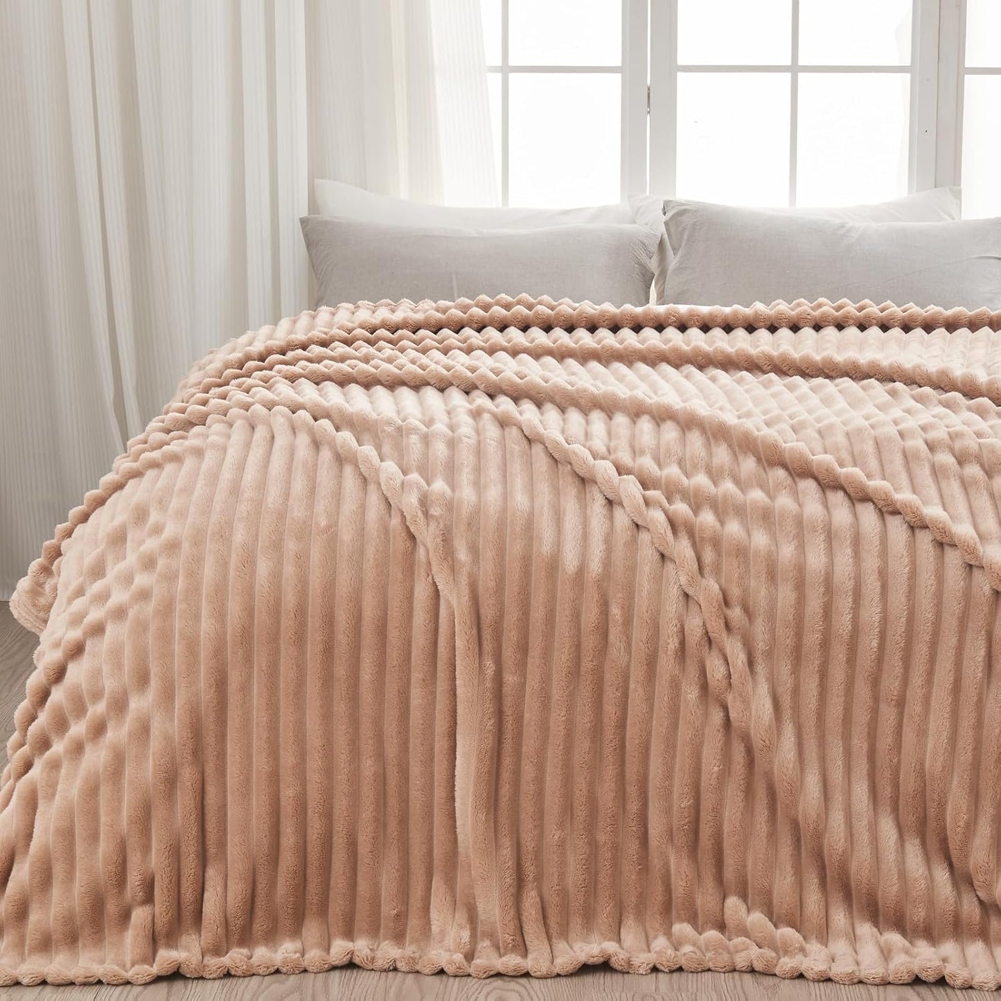 NEWCOSPLAY Super Soft King Blanket Taupe Premium Silky Flannel Fleece 3D Ribbed Jacquard Lightweight Bed Blanket All Season Use (Taupe Ribbed, King(90"x110"))