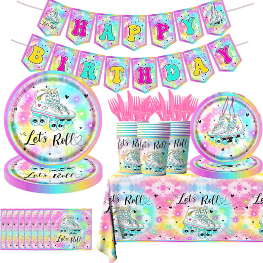 Roller Skating Party Supplies - 142Pcs Roller Skate Party Tableware Include Plates,Napkins,Cups,Banner,Tablecloth Let's Roll Birthday Decorations for Girl（20 Guests）