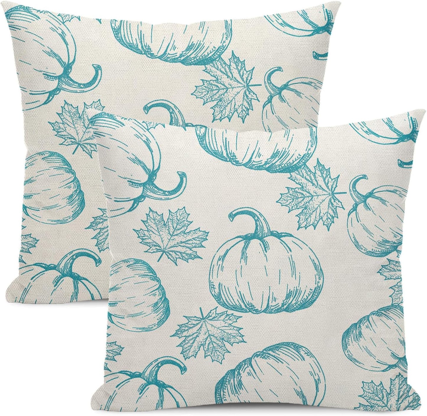 Fall Decor Pillow Covers 18x18 Set of 2 Autumn Teal Pumpkin Maple Leaves Throw Pillow Covers Outdoor Fall Thanksgiving Decorations for Home Decorative Linen Cushion Covers for Couch Sofa