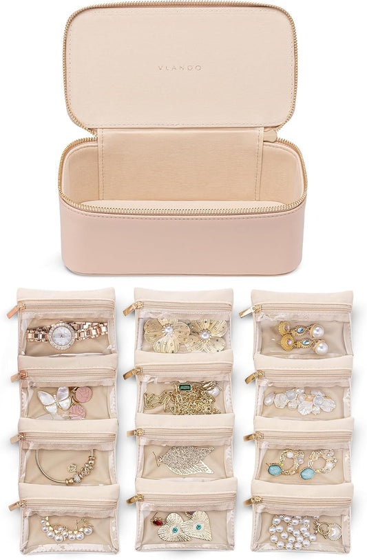 Vlando Jewelry Box with 12 Velvet Jewelry Bags Travel Jewelry Case for Girls Jewelry Organizers Necklace Rings Earrings Storage Bags Christmas Gifts Bridal Shower Gifts- Khaki