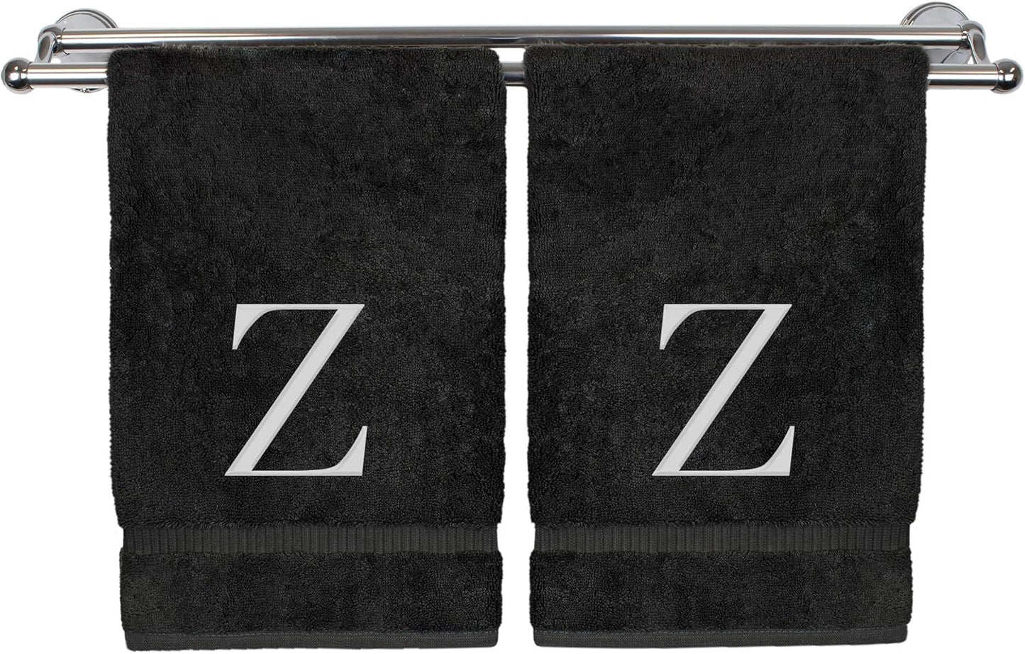 Monogrammed Hand Towel, Personalized Gift, Set of 2- White Block Letter Embroidered Towel - Extra Absorbent 100% Turkish Cotton - Soft Terry Finish - Initial Z Black
