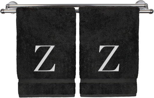 Monogrammed Hand Towel, Personalized Gift, Set of 2- White Block Letter Embroidered Towel - Extra Absorbent 100% Turkish Cotton - Soft Terry Finish - Initial Z Black