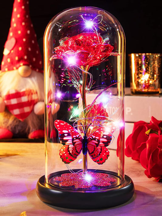 Birthday Gifts for Women Mom, Galaxy Glass Rose Forever Eternal Crystal Flower Light Up Rose in Glass Dome with Butterfly Mothers Day Anniversary Christmas Rose Gift for Her Wife Daughter Friends Red