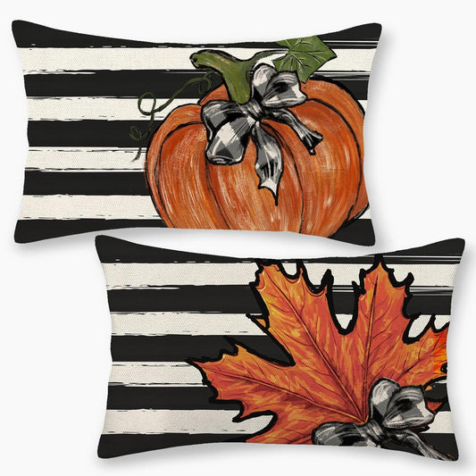 Fall Decor Pillow Covers 12x20 Inch Set of 2 Autumn Black Stripes Pumpkin Maple leaves Throw Pillow Cover Outdoor Fall Thanksgiving Harvest Farmhouse Pillowcase Lumbar Cushion Case For Home Sofa