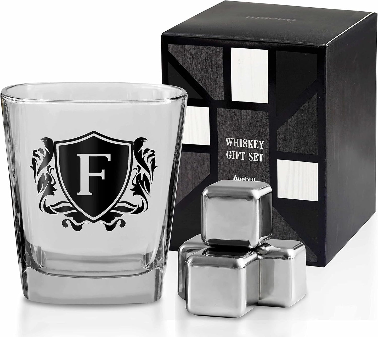 Whisky Gifts for Men, Personalized Initial Whiskey Glass with Whiskey Stones for Dad, Boyfriend, Best Friends, Coworkers, Husband, Brother, Uncle and Boss on Father's Day, Boss Day and Birthday - F