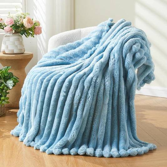 NEWCOSPLAY Super Soft Twin Blanket Blue Premium Silky Flannel Fleece 3D Ribbed Jacquard Lightweight Bed Blanket All Season Use (Blue Ribbed, Twin(60"x80"))