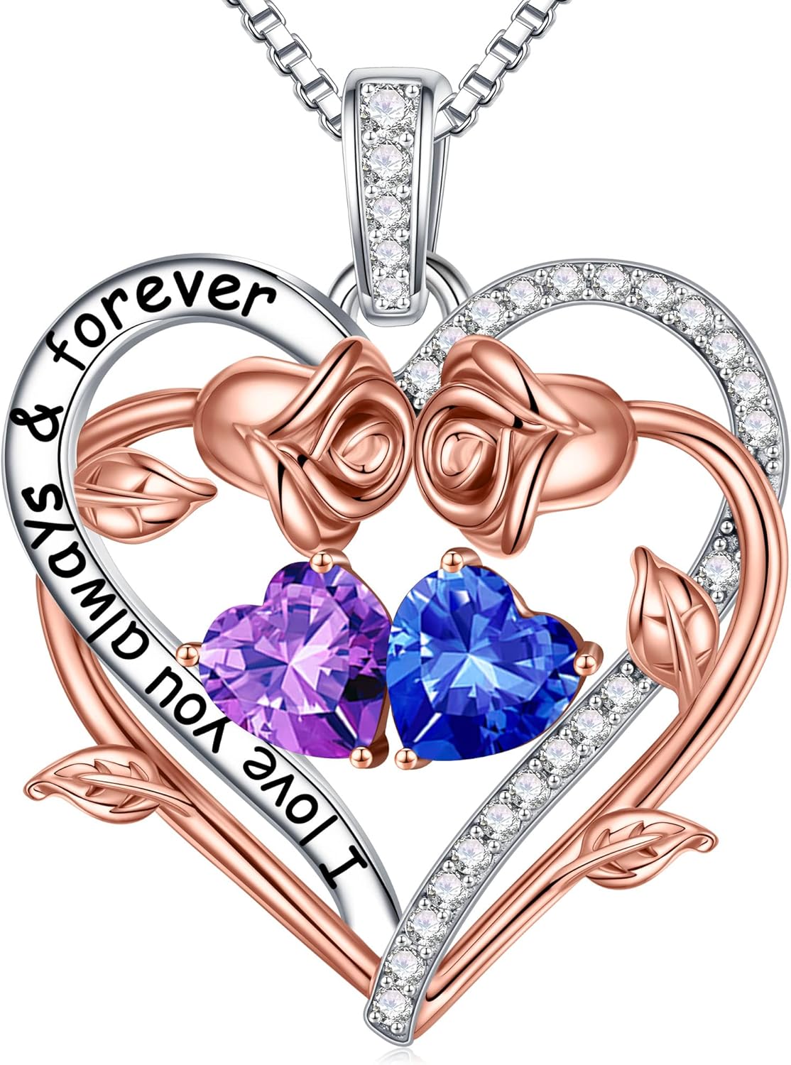 Iefil Rose Heart Double Birthstone Necklace Gifts for Wife Her Mom Women, Birthstone Jewelry Gemstone Birthday Gifts for Girlfriend Grandma Her Wife Women