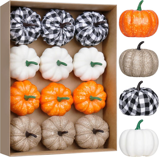 Super Holiday 12PCS Artificial Pumpkins, 4 Colors Foam Faux Pumpkins Decoration for Fall Harvest Theme Party Wedding Halloween Thanksgiving Table Decor.
