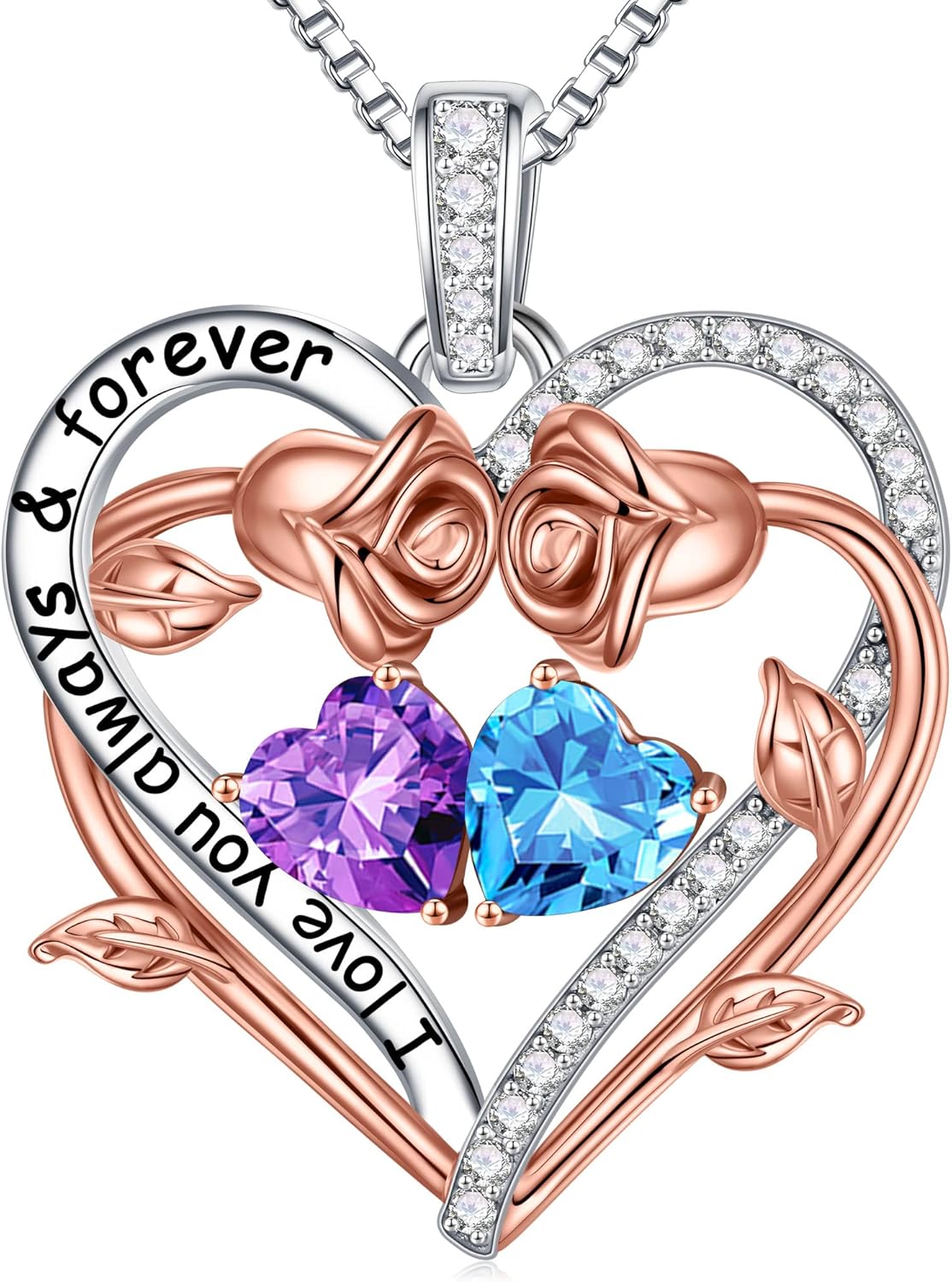 Iefil Rose Heart Double Birthstone Necklace Gifts for Wife Her Mom Women, Birthstone Jewelry Gemstone Birthday Gifts for Girlfriend Grandma Her Wife Women