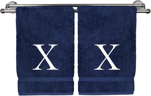 Monogrammed Hand Towel, Personalized Gift, Set of 2- White Block Letter Embroidered Towel - Extra Absorbent 100% Turkish Cotton - Soft Terry Finish - Initial X Navy