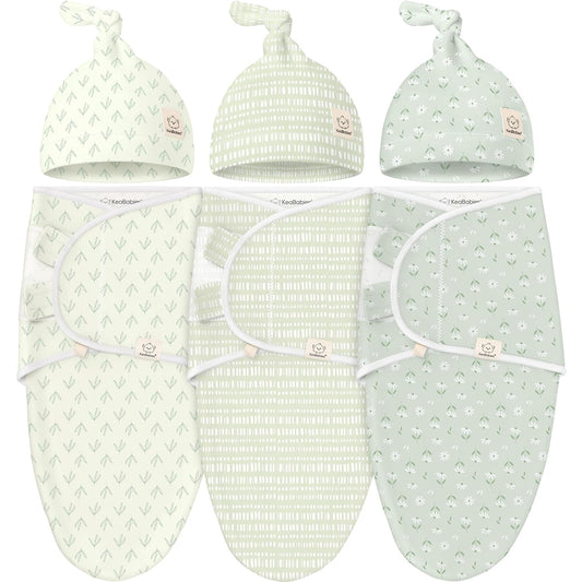 KeaBabies 3-Pack Swaddles for Newborns, Girls, Boys with Hats - Organic Soft Baby Sleep Sacks, Breathable Baby Swaddle 3-6 Months Beanies Set, Premie Infant Sleep Sack 0-3 Months (Leafy)