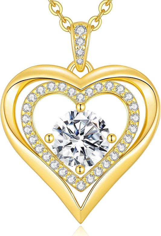 Moissanite Heart Pendant Necklaces for Women, 925 Sterling Silver Gold Plating Lab-Created Gem Necklace Engraved with 'I LOVE YOU', Ideal Anniversary Birthday Christmas Valentine Engagements Mothers Day Jewelry Gifts for Mom Wife Girlfriend Daughter Her