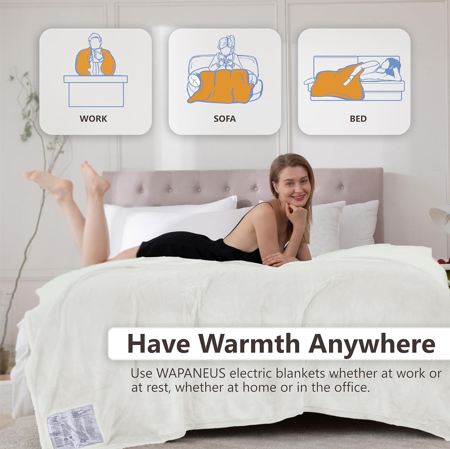 Wapaneus Foot Pocket Heated Blanket Electric Throw with 10 Heating Levels and Auto Shut Off,Flannel Fast-Heating Heated Throw 50" x 60",ETL Listed Machine Washable,Ivory