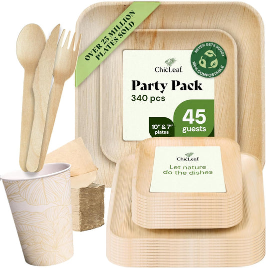 Chic Leaf Compostable Palm Leaf Party Plates & Disposable Cups Set - 10in & 7in Pack for 45, Natural - Square Wood Appetizer Plates & Biodegradable Napkins