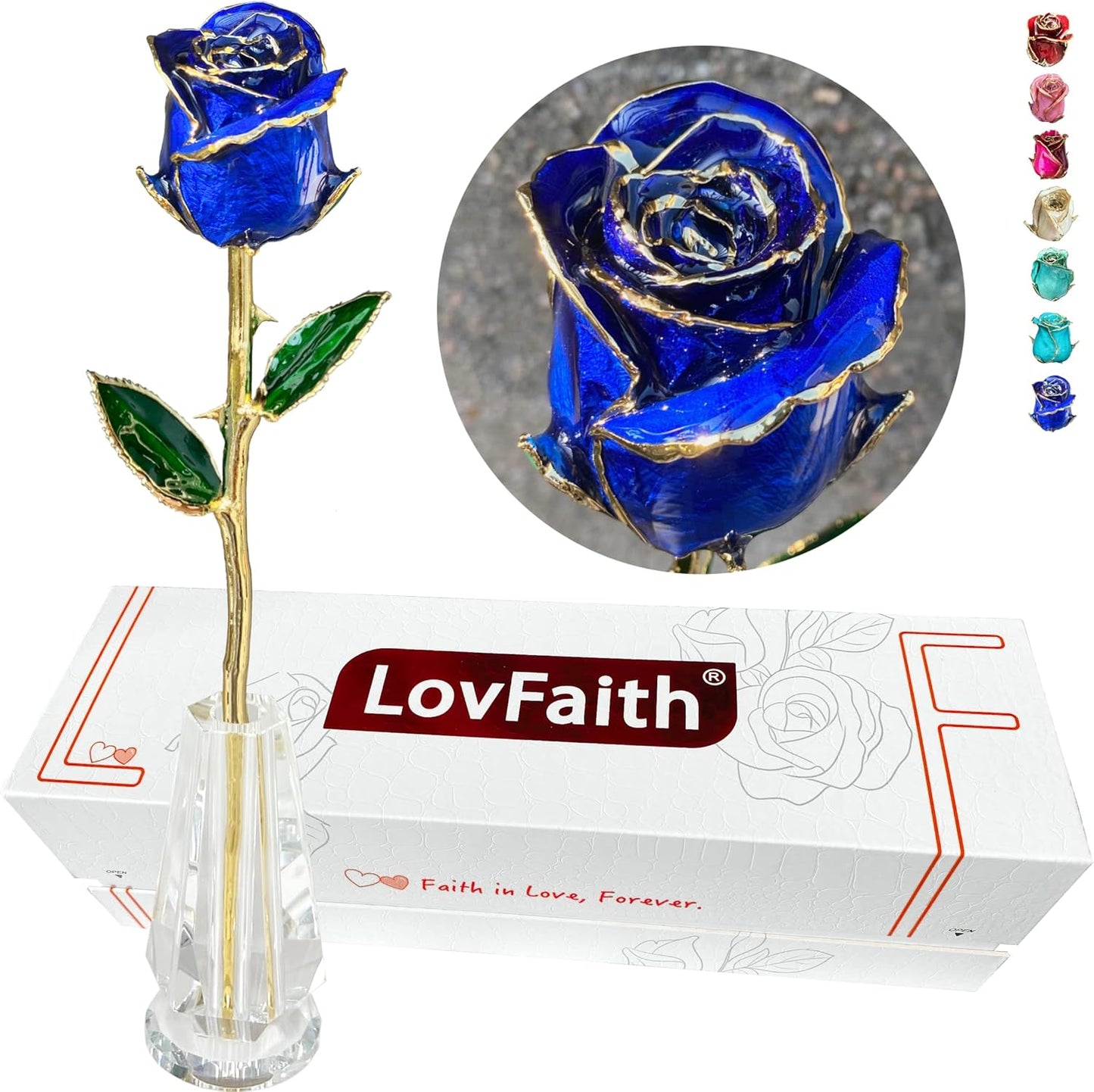 Valentine Gift Real Rose Dipped 24K Gold with Crystal Stand, Best Anniversary Rose Gift for Her Wife Mother Birthday Christmas (A9. Original Rose - Royal Blue)