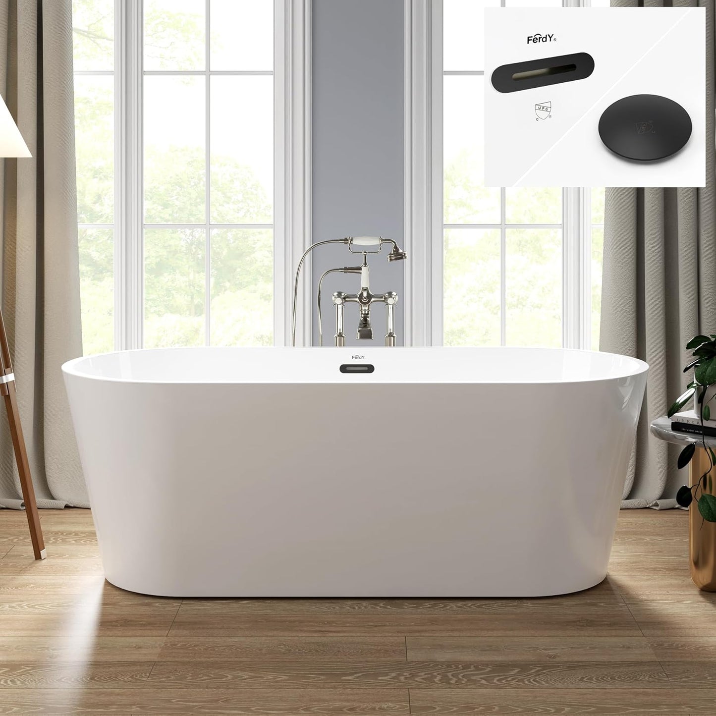 FerdY 67" Shangri-La Elite, Acrylic Freestanding Bathtub, Modern & Contemporary Design Soaking Tub with Matte Black Drain Pop-Up Drain and Minimalist Design Overflow, cUPC Certified