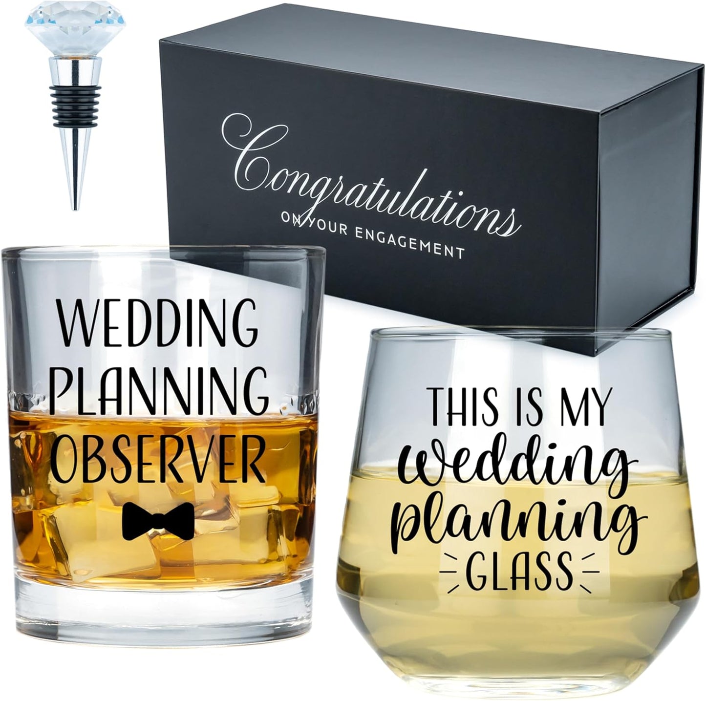 Wedding Planning Glass Engagement Gifts for Couples - Wine Whiskey Fiance Gift for Her and Him - Newly Engaged Couple Unique Glasses with Diamond Wine Stopper