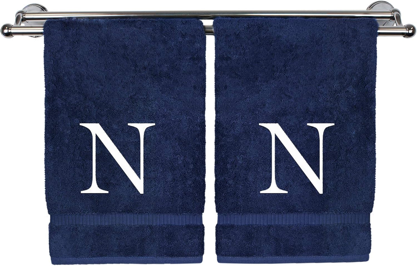 Monogrammed Hand Towel, Personalized Gift, Set of 2- White Block Letter Embroidered Towel - Extra Absorbent 100% Turkish Cotton - Soft Terry Finish - Initial N Navy