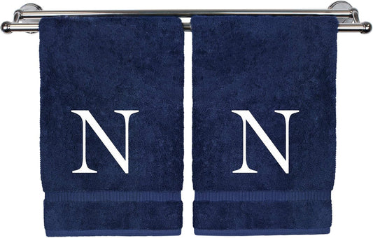 Monogrammed Hand Towel, Personalized Gift, Set of 2- White Block Letter Embroidered Towel - Extra Absorbent 100% Turkish Cotton - Soft Terry Finish - Initial N Navy