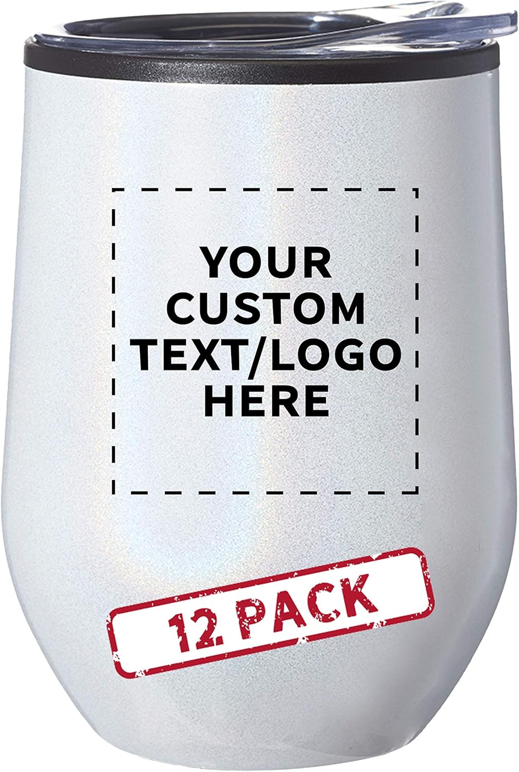 Custom Palmera Stemless Wine Tumblers with Lids 12 oz. Set of 12, Personalized Bulk Pack - Perfect for Wine, Cocktails, Other Hot & Cold Beverages - Iridescent White