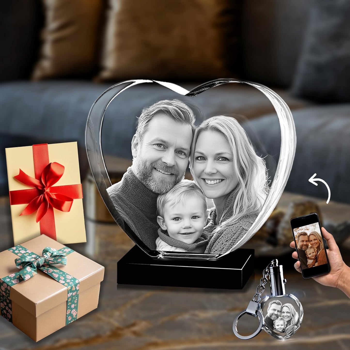 CAPTUR3D Premium 3D Crystal Photo with LED Light Base, Personalized Memorial Gifts for Mom, Dad, Wife, Men, Pets, 3D Laser Etched Crystal Heart Custom Glass Picture, Birthday Anniversary Sympathy Gift