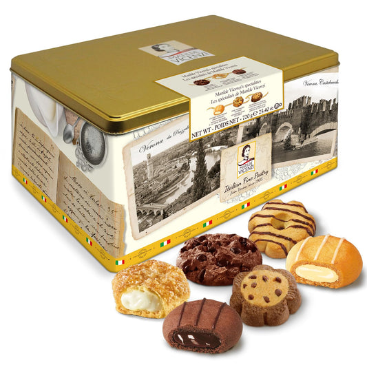 Matilde Vicenzi Verona Cookie Tin - Gourmet Italian Cookies Assortment in Individually Wrapped Trays - Pastries & Bakery Dessert Gifts for Mother's Day, Father's Day, Birthday - Puff Pastry, Assorted Cookies in Italian Design Gift Tin 25.4oz (720g)