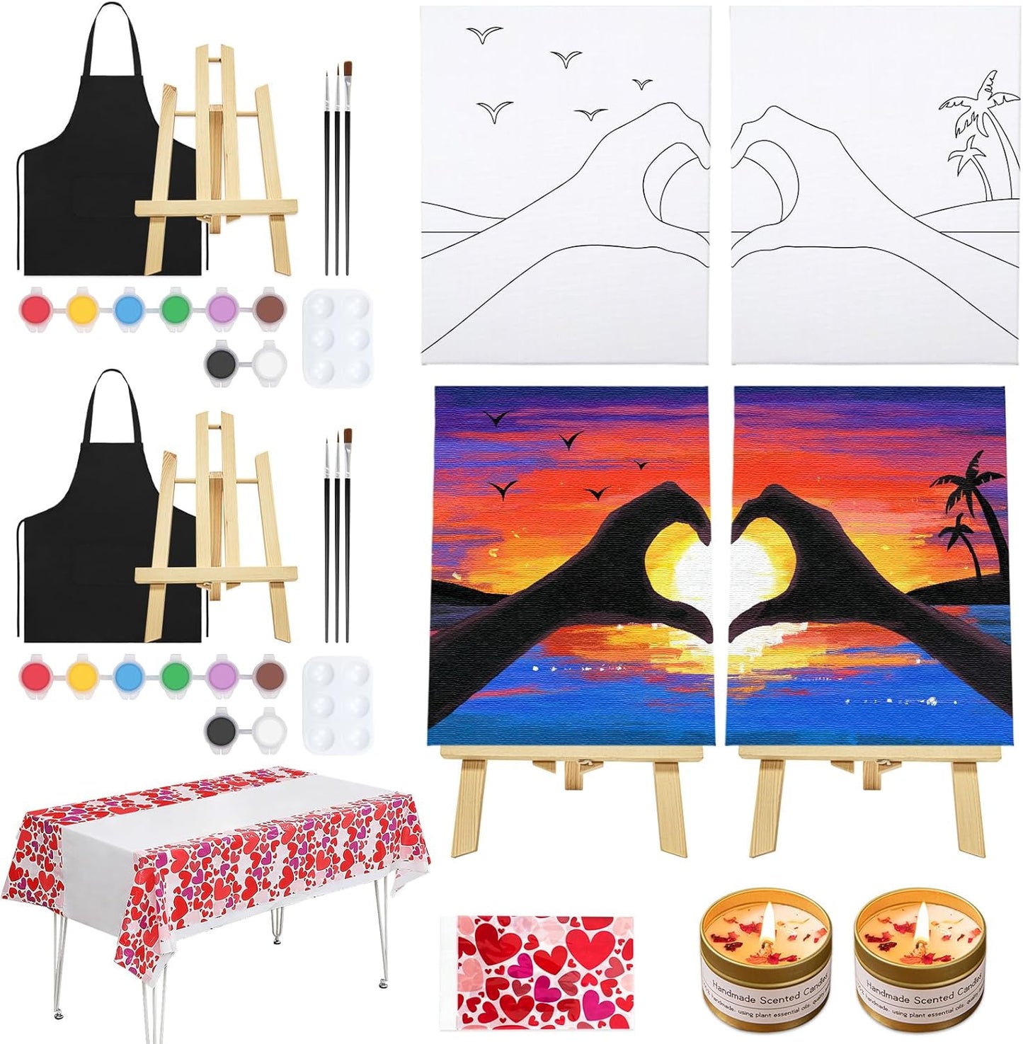 VOCHIC Date Night Idea Painting Kit for Couples Sip and Paint Kit for Adults Couples Pre Drawn Canvas to Paint for Adults Art Set Sunset Heart Valentine 2 Pack 8" X 10"