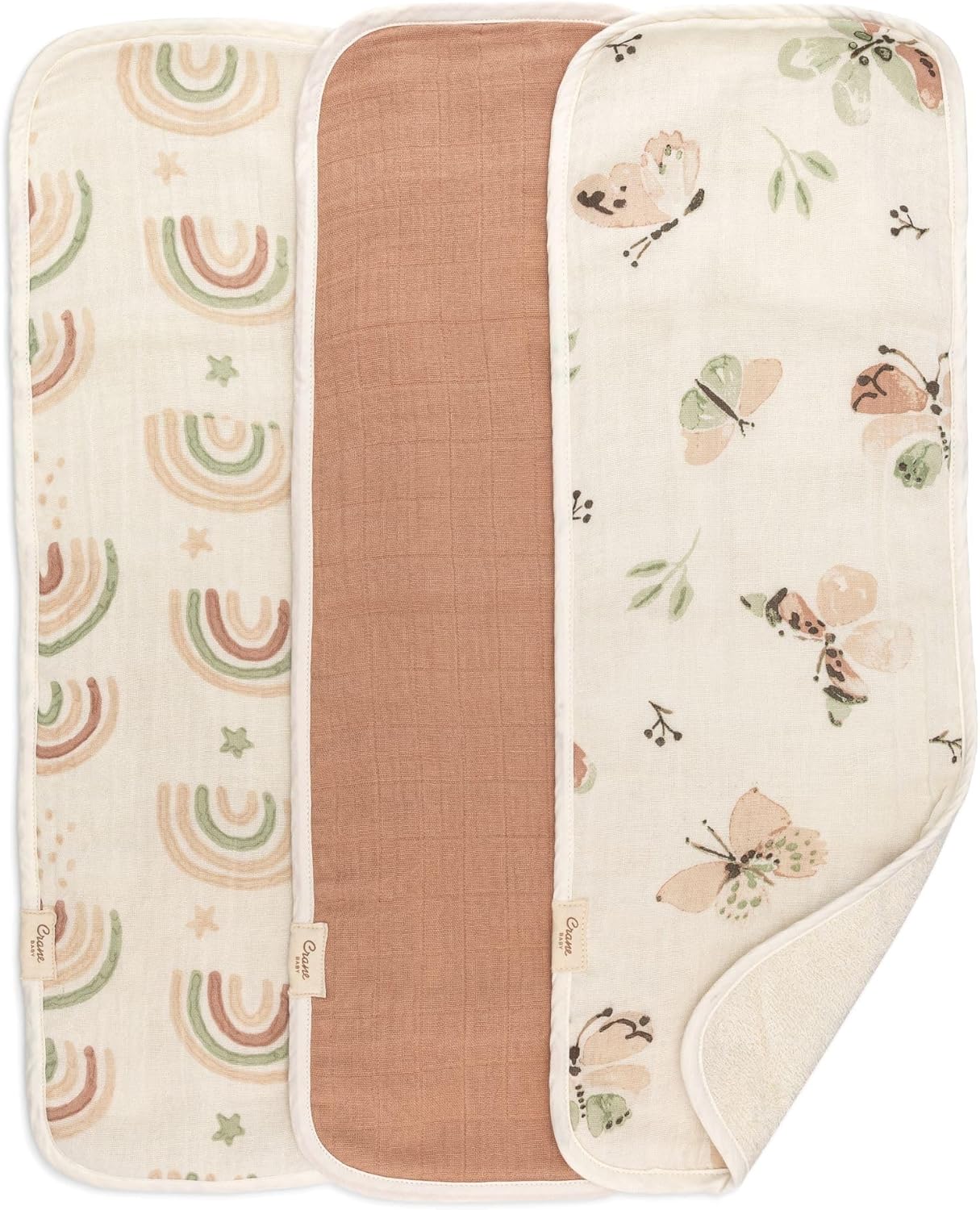 Crane Baby Muslin Baby Burp Cloths, Lightweight Absorbent Burp Cloth, Rainbow/Butterfly, Set of 3, 7” x 20”, Newborn Baby Essentials, Burp Cloths Baby Boy, Burp Cloths Baby Girl, Newborn Essentials