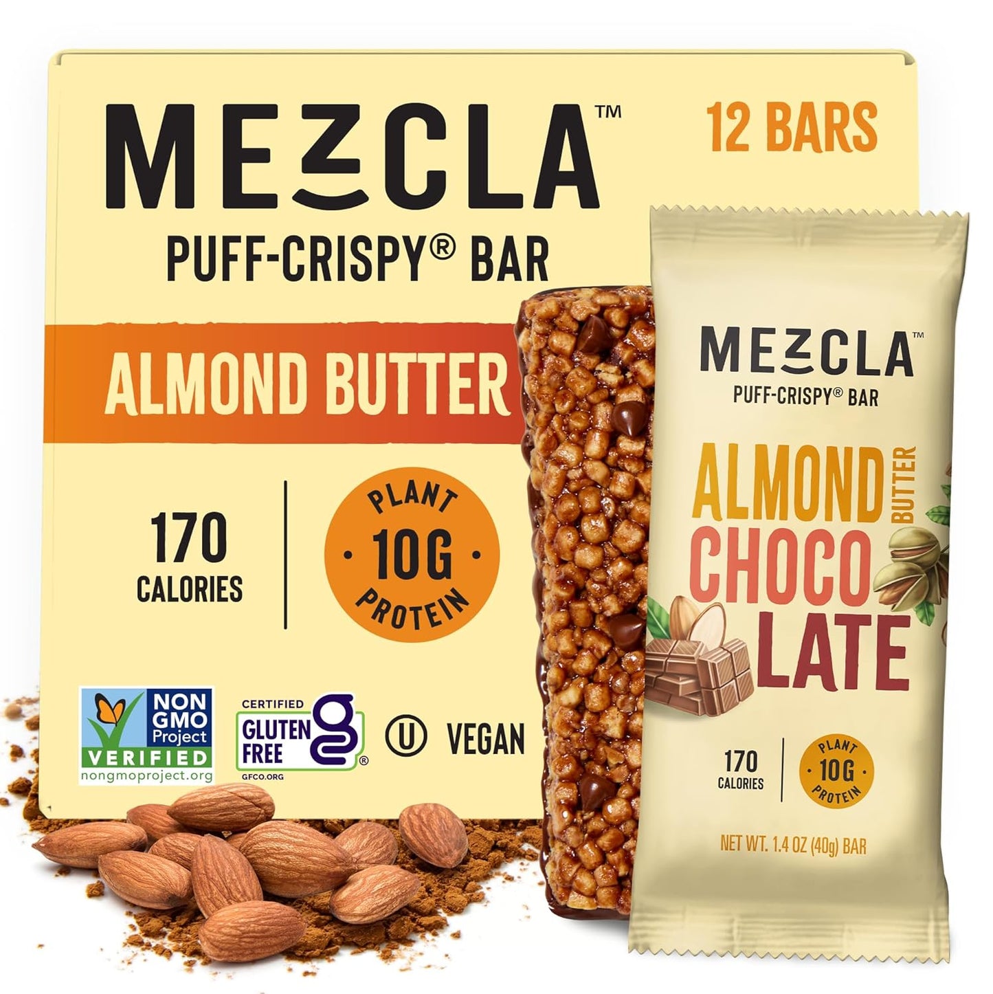Mezcla Puff Crispy Protein Bars, Gluten Free & Vegan Protein Bars, 10g Protein, Alt for Crispy Rice Treat, Granola Bars & Breakfast Bars, Healthy Snacks for Adults, Almond Butter Chocolate, 12 Pack