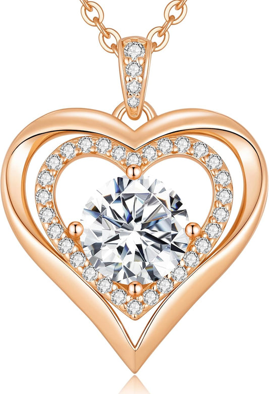 Moissanite Heart Pendant Necklaces for Women, 925 Sterling Silver Gold Plating Lab-Created Gem Necklace Engraved with 'I LOVE YOU', Ideal Anniversary Birthday Christmas Valentine Engagements Mothers Day Jewelry Gifts for Mom Wife Girlfriend Daughter Her