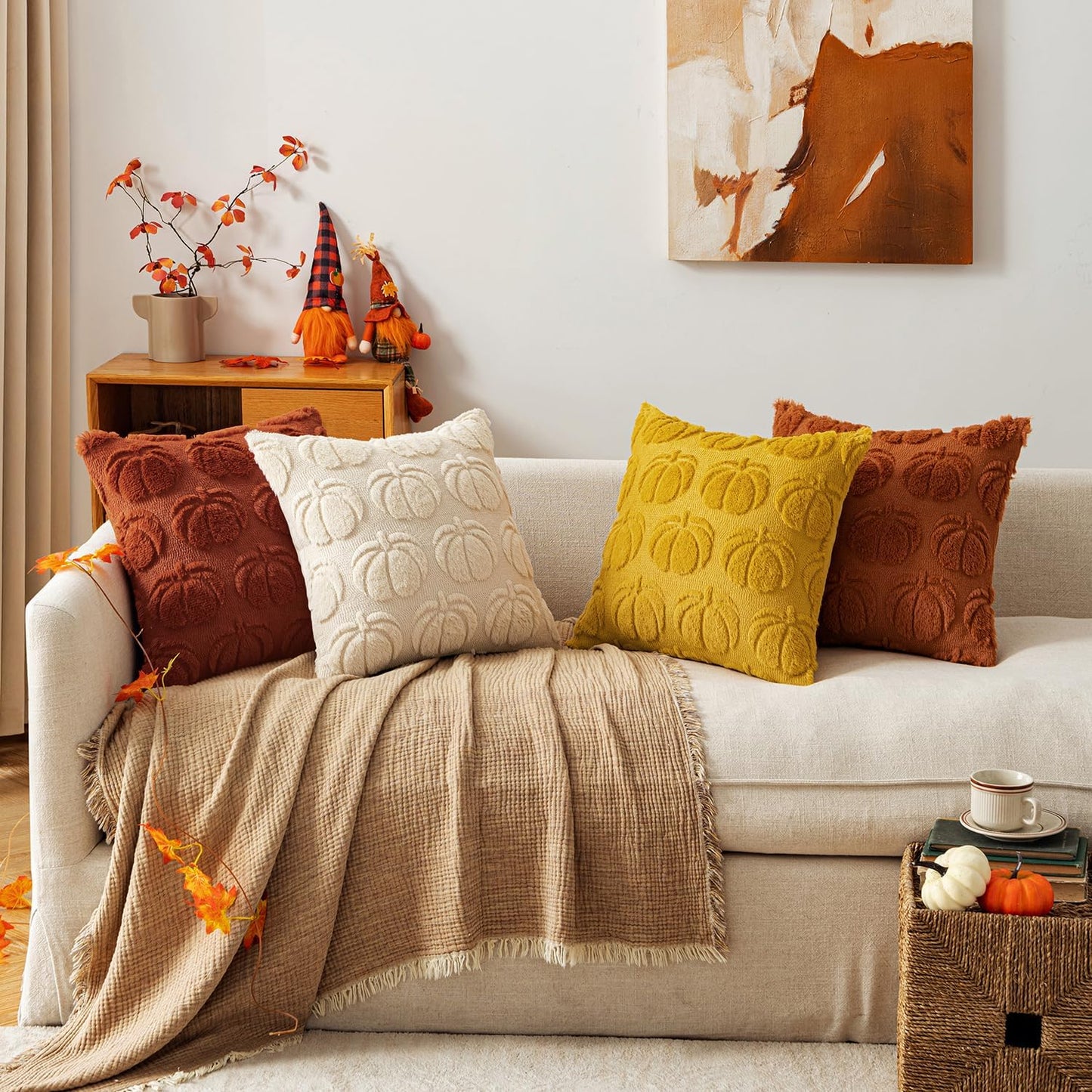 MIULEE Fall Pumpkin Pillow Covers 18x18 Inch Set of 4 - Soft Cozy Plush Decorative Pillows with Embroidered Pumpkin Pattern Autumn Halloween Holiday Decor for Sofa Couch Bed Living Room,Rust-Yellow