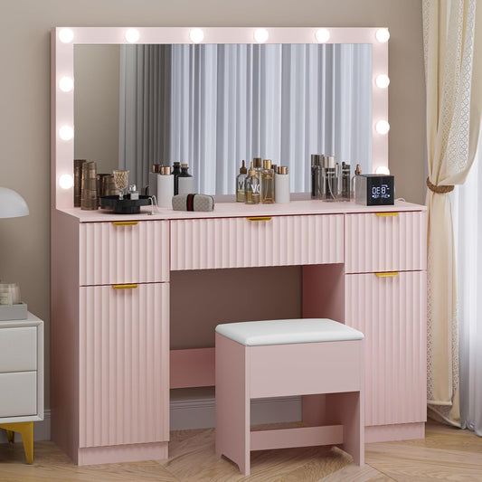 Fluted Makeup Vanity with Large Lighted Mirror and Chair, 7 Drawer Dressing Table with Power Outlet and USB, Elegant Vanity Desk with Cushioned Stool for Bedroom, Women, Girls