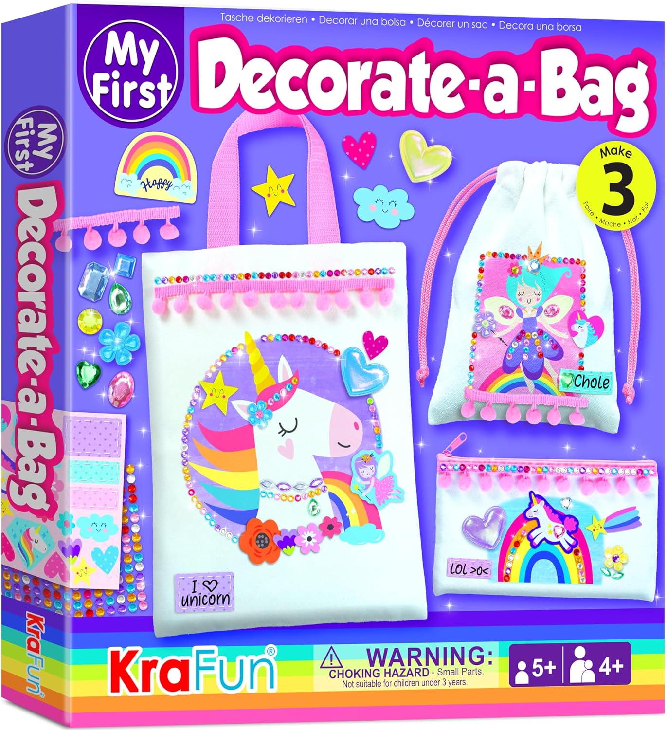 KRAFUN Decorate-a-Bag Craft Kit for Kids 5+ Years, Unicorn & Fairy Theme with Stickers & Gems, 3 DIY Customizable Bags, Step-by-Step Instructions, Creative Activity Set Girls & Boys, Educational Toy