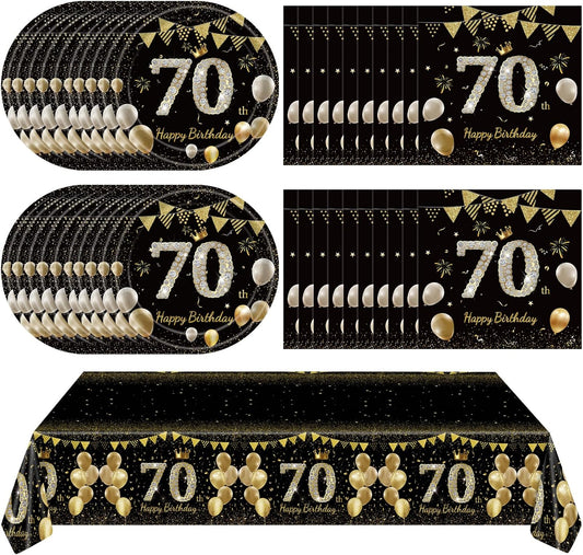 41Pcs 70th Birthday Decorations for Men Women, Black Gold 70 Year Old Birthday Party Supplies Include 20 Plates 20 Napkins and 1 Tablecloth, Black Gold 70 Aged Birth Party Tableware