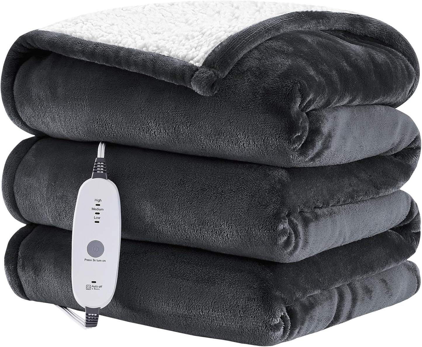 HYLEORY Heated Throw Blanket, Flannel Electric Blanket with 4 Hrs Timer, Auto-Off & 3 Heating Levels, Sherpa, Dark Grey, 62"x84"
