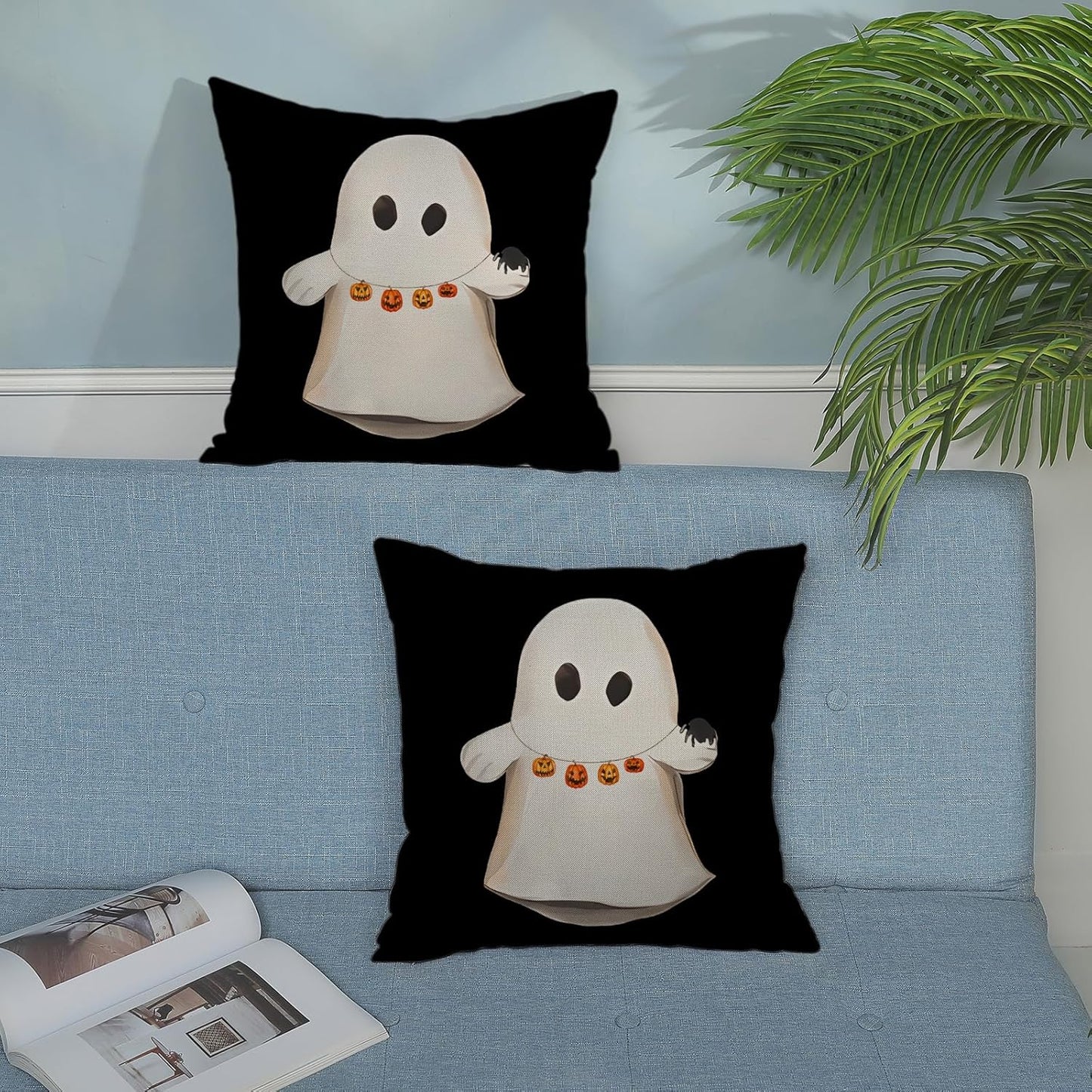 Halloween Pillow Covers 18x18 Set of 2 Cute Ghost Pumpkin Black Throw Pillow Covers Outdoor Decoration Autumn Decor Ghost Pillowcase Farmhouse Decorative Linen Cushion Case for Home Sofa Couch