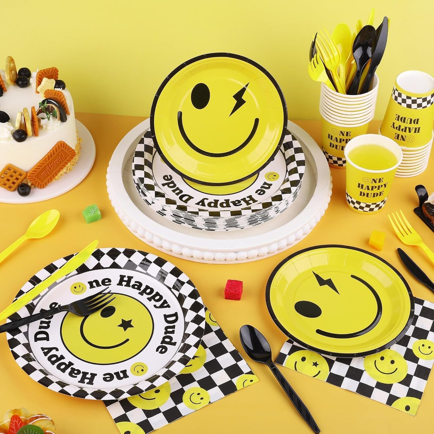 400 Pieces One Happy Dude Disposable Party Tableware Sets Including Plates Cups Napkins Cutlery Serves 50 for Smiley Party 1st Birthday Preppy Party Decorations