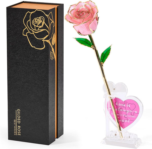 Mikasol Real 24K Gold Dipped Realistic Rose – Timeless Lifelike Bloom with Heart Puzzle Base – Romantic Pink Flower Gift for Her, Wife, Girlfriend, Mom – Birthday, Anniversary, Mother’s Day (Pink)